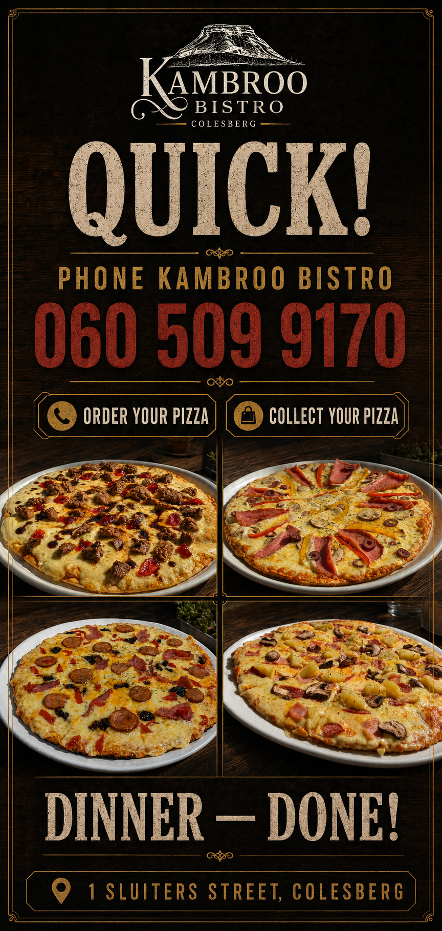 Four Kambroo pizzas pictured in our takeaway artwork